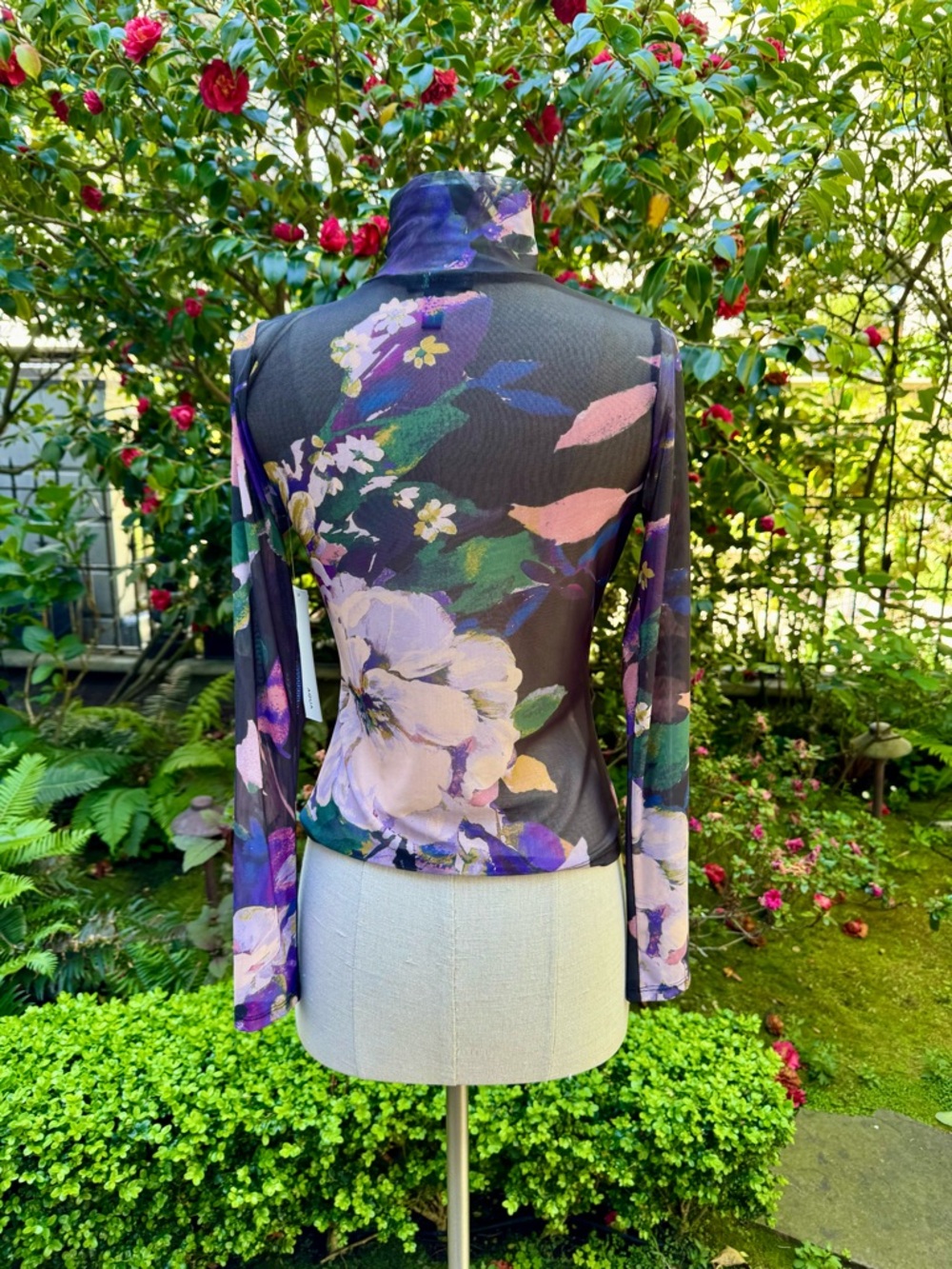 Aqua Purple Multi Floral Mock-Neck Mesh Long Sleeve Top - Picture 3 of 10